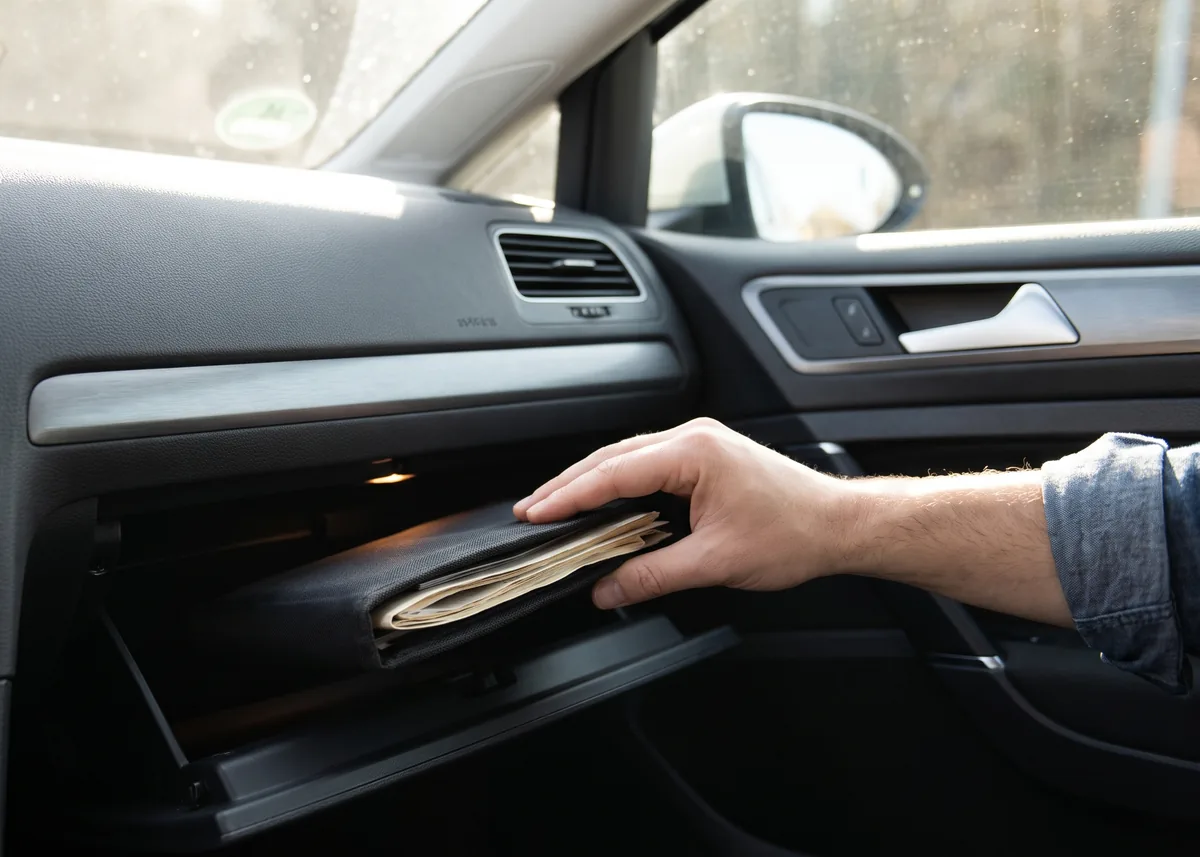 Cassetto portaoggetti aperto: una mano prende la custodia con i documenti dell'auto.