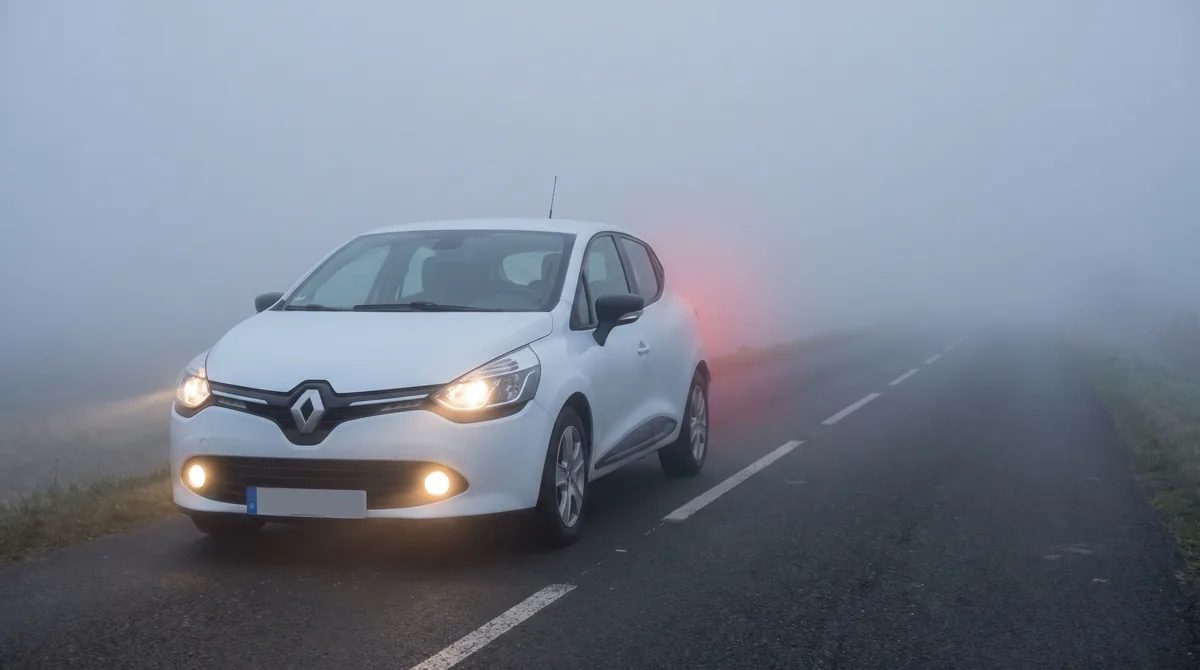 Nebbia fitta: la Clio ha i fendinebbia anteriori accesi in basso e il retronebbia rosso visibile dietro.