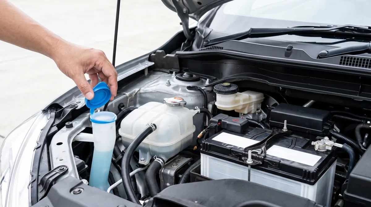 Vano motore aperto: vaschetta del tergicristalli col tappo blu, vaschetta del liquido di raffreddamento, liquido dei freni e batteria.