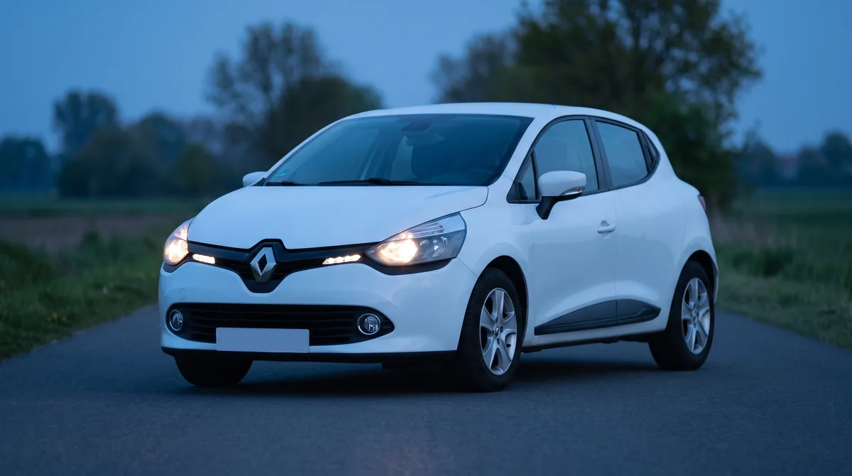 Clio bianca al crepuscolo con anabbaglianti e luci di posizione accesi, fendinebbia spenti.