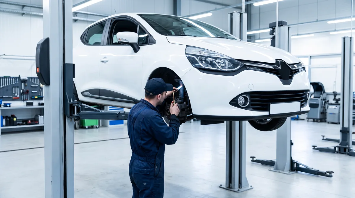 Auto sollevata sul ponte di un'officina: il tecnico controlla sospensioni e freni con la torcia.