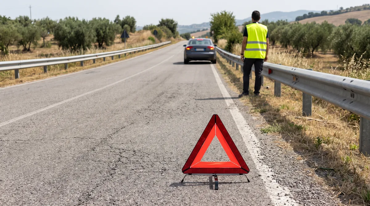 Triangolo di emergenza in piedi sull'asfalto e, una cinquantina di metri più avanti, l'auto ferma con le quattro frecce accese.